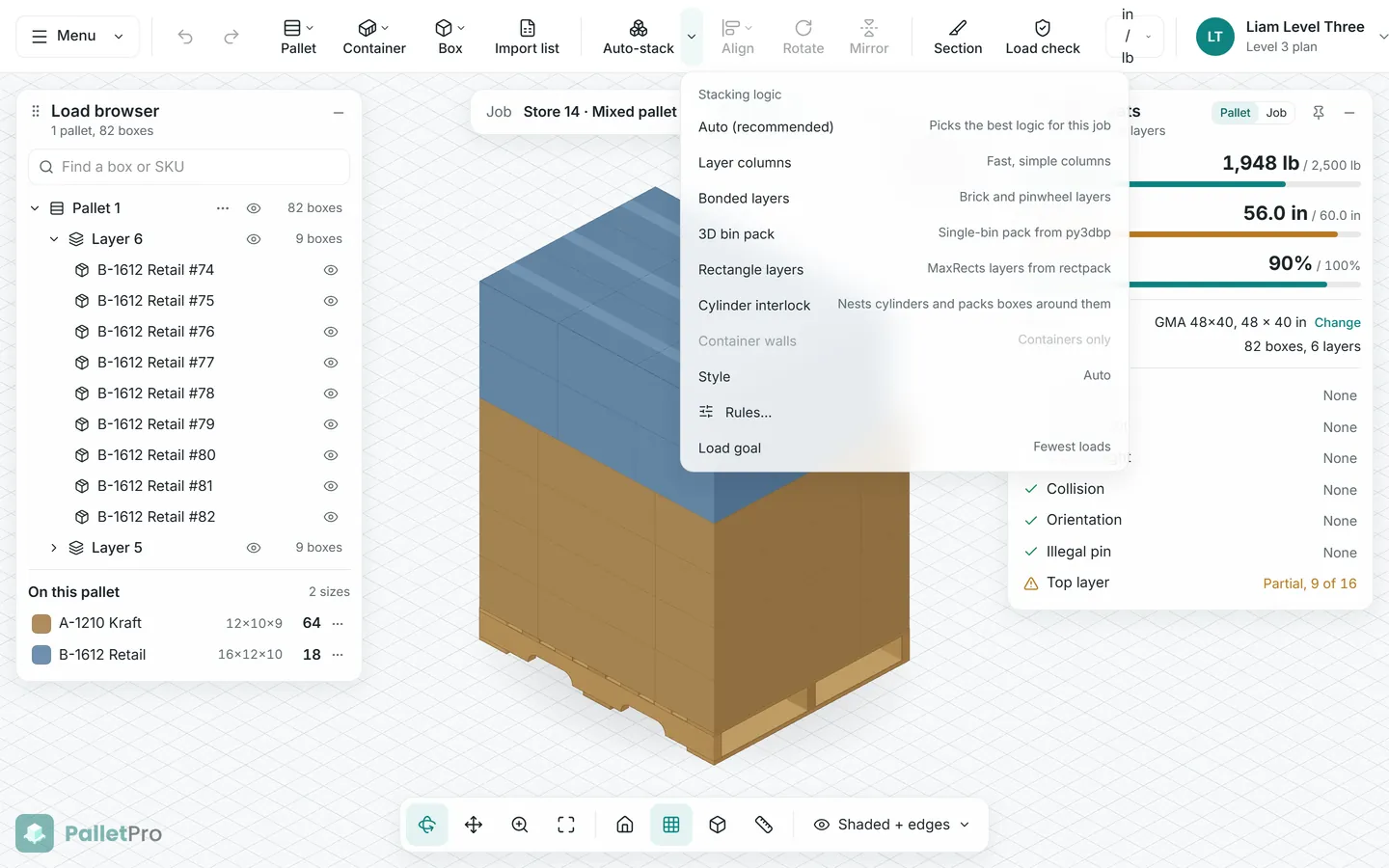 The Auto-stack menu open, listing stacking logics: Auto, Layer columns, Bonded layers, 3D bin pack, Rectangle layers, Cylinder interlock, and Container walls.