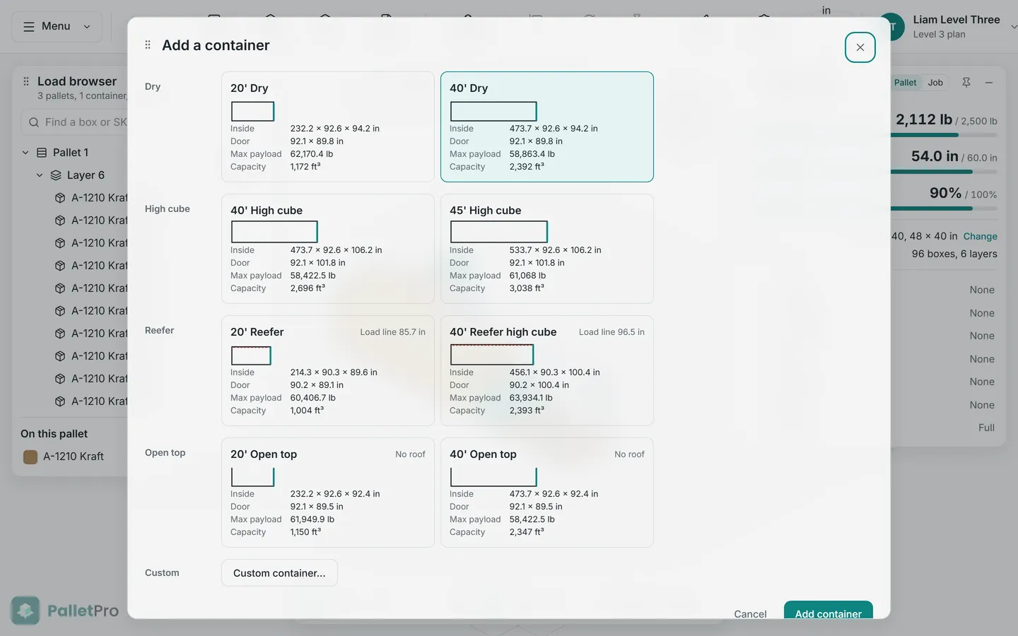 The Add a container dialog with dry, high cube, reefer, and open top containers, each showing inside size, door size, max payload, and capacity.