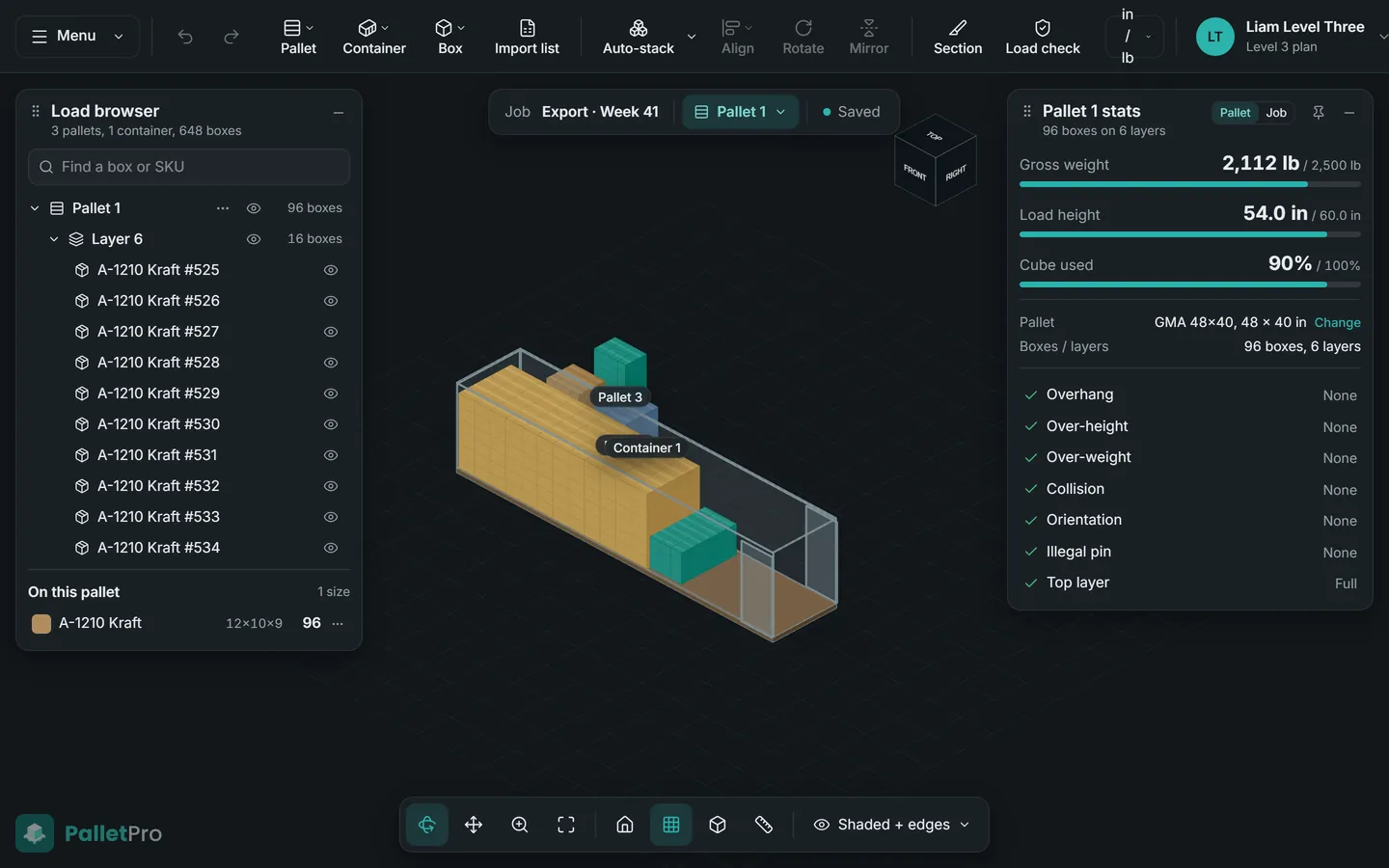 The same job in dark mode: three pallets and a 40-foot high cube container.